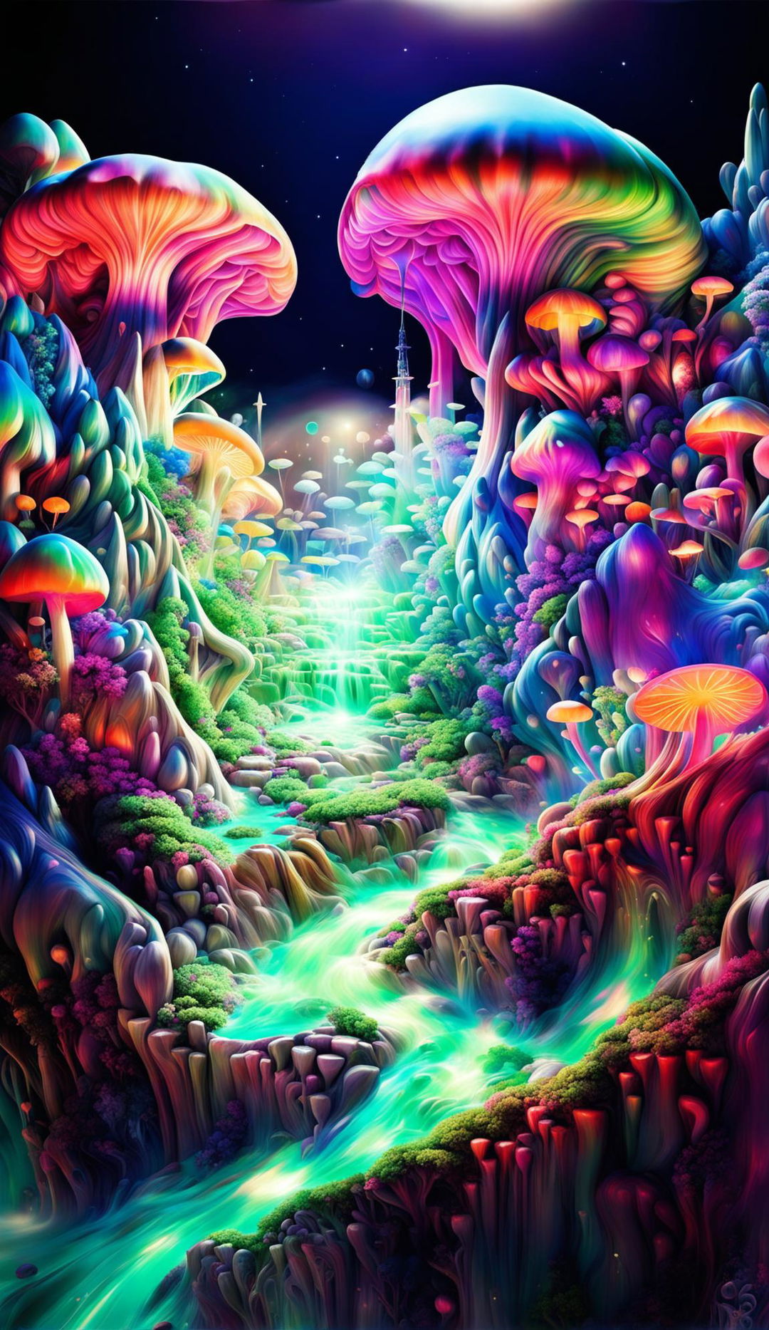 Psychedelic dreamscape with surreal elements and vibrant colors.