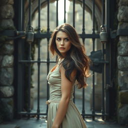 A beautiful woman standing in front of a heavily barred and locked gate, looking determined yet frustrated