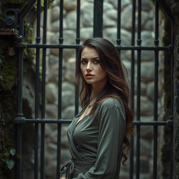 A beautiful woman standing in front of a heavily barred and locked gate, looking determined yet frustrated