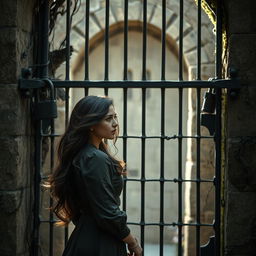 A beautiful woman standing in front of a heavily barred and locked gate, looking determined yet frustrated