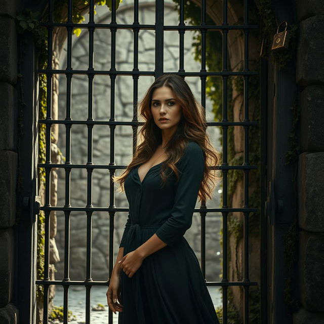 A beautiful woman standing in front of a heavily barred and locked gate, looking determined yet frustrated