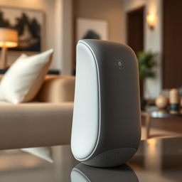 A modern and sleek portable speaker with a distinctive curved design, featuring a matte finish in shades of grey and beige