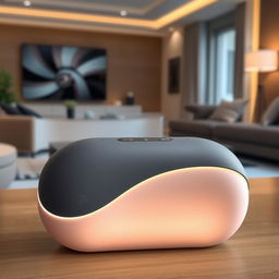 A modern and sleek portable speaker with a distinctive curved design, featuring a matte finish in shades of grey and beige