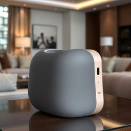 A modern and sleek portable speaker with a distinctive curved design, featuring a matte finish in shades of grey and beige