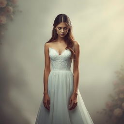 A sad woman in a beautiful wedding dress, standing alone in a softly lit setting
