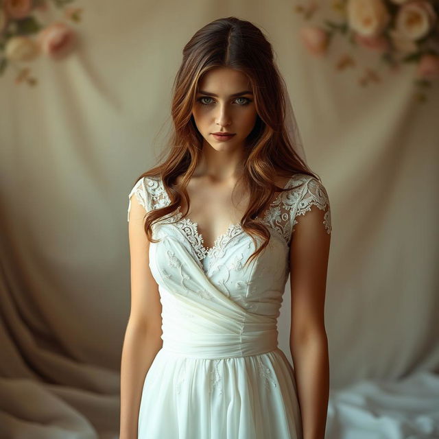 A sad woman in a beautiful wedding dress, standing alone in a softly lit setting