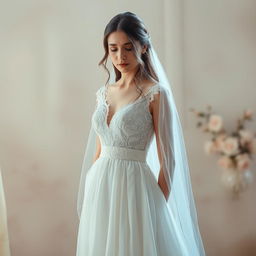 A sad woman in a beautiful wedding dress, standing alone in a softly lit setting