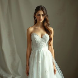 A sad woman in a beautiful wedding dress, standing alone in a softly lit setting