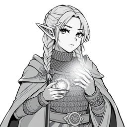 A greyscale anime-style illustration of a female dwarf priest, depicted from the shoulders up