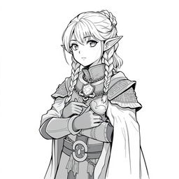 A greyscale anime-style illustration of a female dwarf priest, depicted from the shoulders up