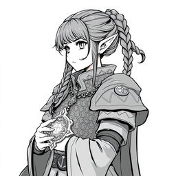 A greyscale anime-style illustration of a female dwarf priest, depicted from the shoulders up