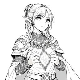A greyscale anime-style illustration of a female dwarf priest, depicted from the shoulders up