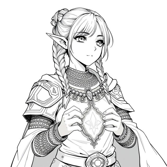 A greyscale anime-style illustration of a female dwarf priest, depicted from the shoulders up