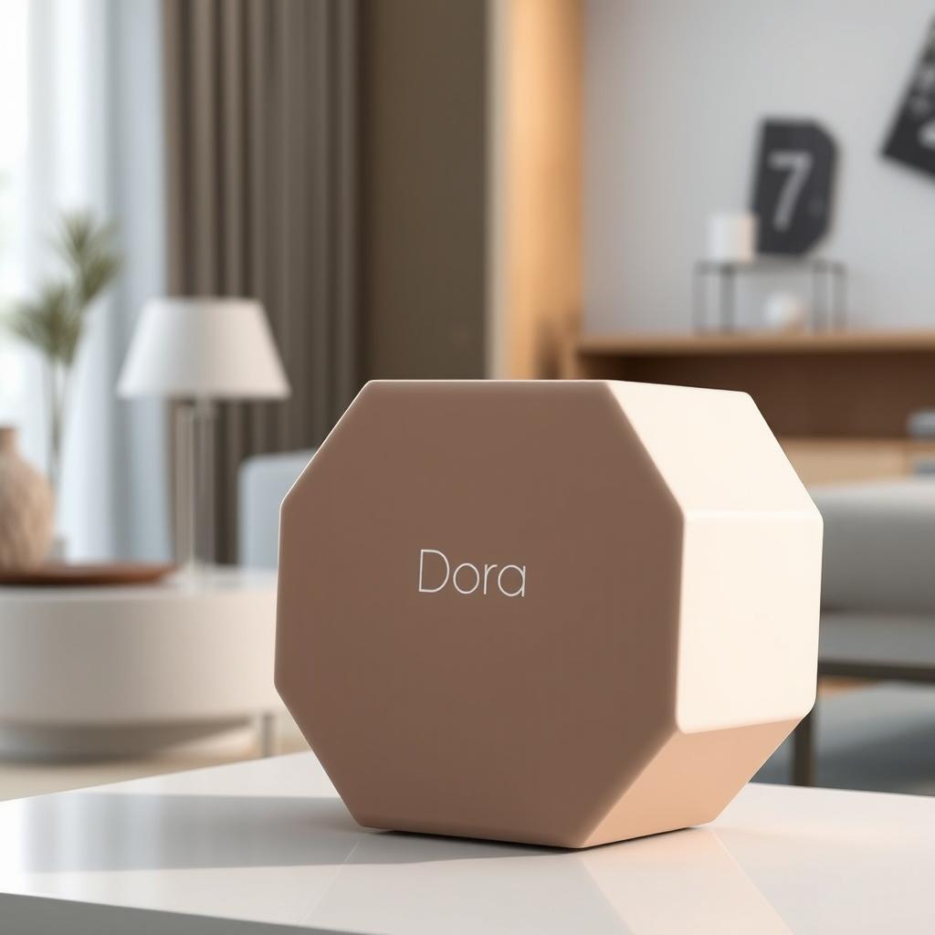 A modern and innovative portable speaker named 'Dora', featuring an eye-catching hexagonal shape with smooth curves and a textured finish