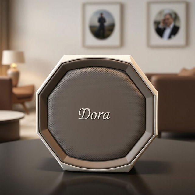 A modern and innovative portable speaker named 'Dora', featuring an eye-catching hexagonal shape with smooth curves and a textured finish