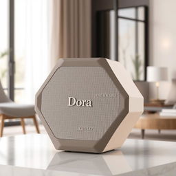 A modern and innovative portable speaker named 'Dora', featuring an eye-catching hexagonal shape with smooth curves and a textured finish