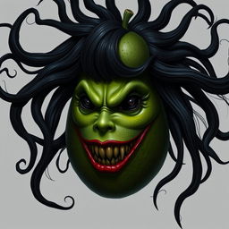 An evil, realistic feminine avocado depicting sinister features