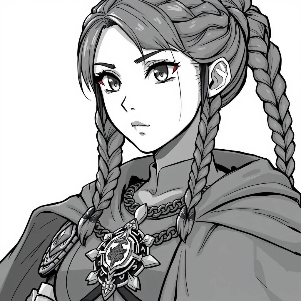 Anime style greyscale illustration of a stocky female priest with braided hair, wearing chainmail armor and a flowing cloak, showcasing an intricate amulet around her neck