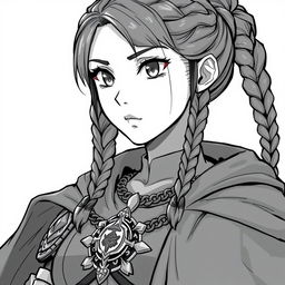 Anime style greyscale illustration of a stocky female priest with braided hair, wearing chainmail armor and a flowing cloak, showcasing an intricate amulet around her neck