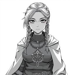 Anime style greyscale illustration of a stocky female priest with braided hair, wearing chainmail armor and a flowing cloak, showcasing an intricate amulet around her neck