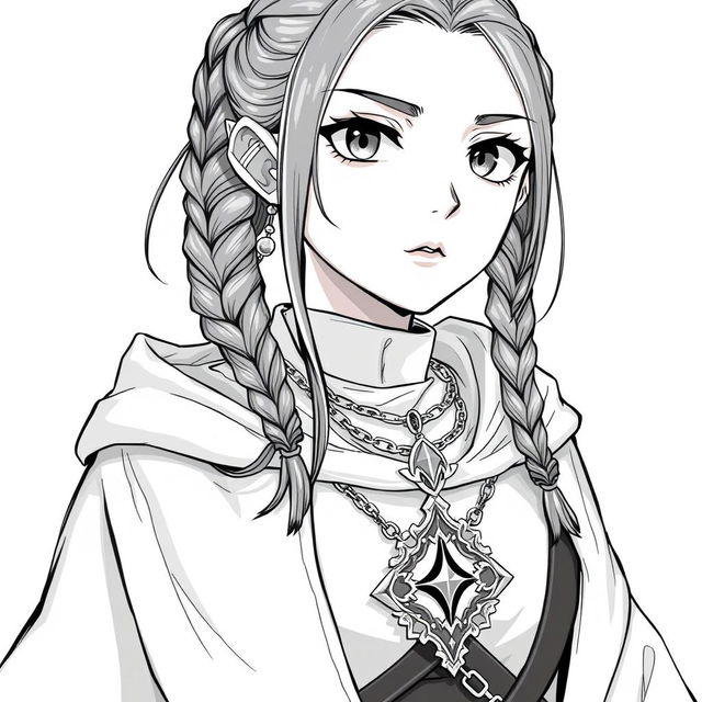 Anime style greyscale illustration of a stocky female priest with braided hair, wearing chainmail armor and a flowing cloak, showcasing an intricate amulet around her neck