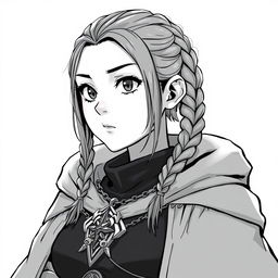 Anime style greyscale illustration of a stocky female priest with braided hair, wearing chainmail armor and a flowing cloak, showcasing an intricate amulet around her neck