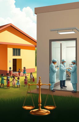 A poignant scene depicting the interconnected lives within an orphanage and a nearby hospital, symbolizing themes of justice and compassion