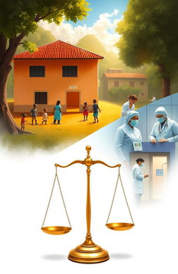 A poignant scene depicting the interconnected lives within an orphanage and a nearby hospital, symbolizing themes of justice and compassion