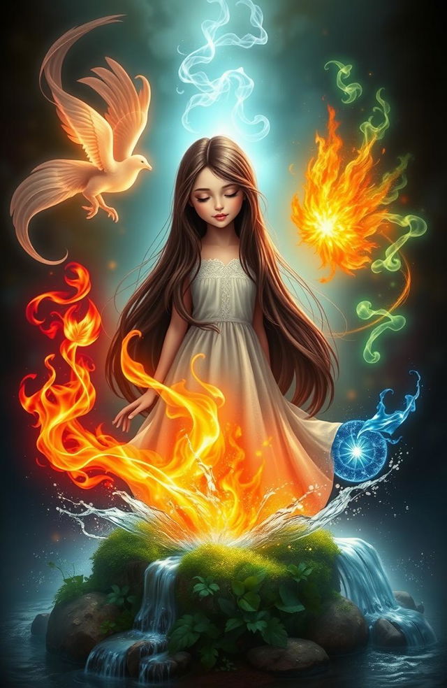 A beautiful girl with long, dark brown hair, standing gracefully in the center, surrounded by the four elements: ethereal wisps of air swirling around her, vibrant flames of fire dancing playfully at her feet, lush green earth beneath her, and sparkling water cascading around her