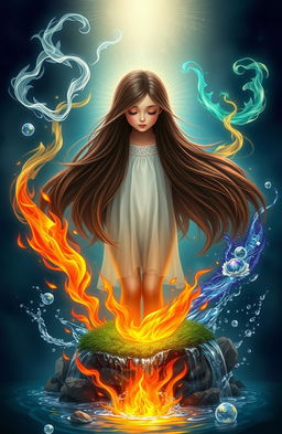 A beautiful girl with long, dark brown hair, standing gracefully in the center, surrounded by the four elements: ethereal wisps of air swirling around her, vibrant flames of fire dancing playfully at her feet, lush green earth beneath her, and sparkling water cascading around her