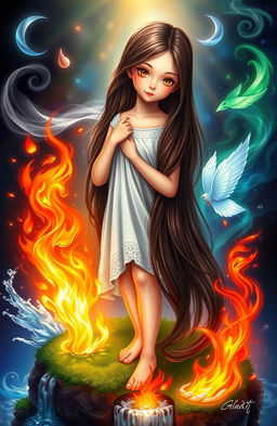 A beautiful girl with long, dark brown hair, standing gracefully in the center, surrounded by the four elements: ethereal wisps of air swirling around her, vibrant flames of fire dancing playfully at her feet, lush green earth beneath her, and sparkling water cascading around her