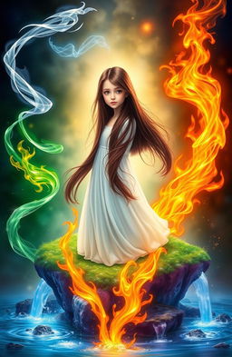 A beautiful girl with long, dark brown hair, standing gracefully in the center, surrounded by the four elements: ethereal wisps of air swirling around her, vibrant flames of fire dancing playfully at her feet, lush green earth beneath her, and sparkling water cascading around her