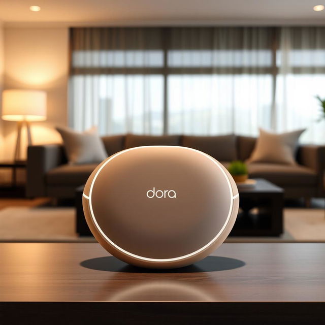 A modern and technologically advanced portable speaker named 'Dora', featuring a unique oval shape with seamless edges and a sleek surface