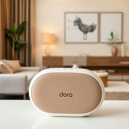 A modern and technologically advanced portable speaker named 'Dora', featuring a unique oval shape with seamless edges and a sleek surface