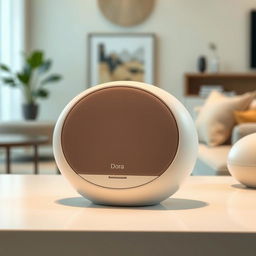 A modern and technologically advanced portable speaker named 'Dora', featuring a unique oval shape with seamless edges and a sleek surface