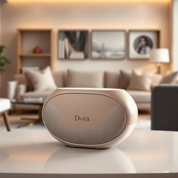 A modern and technologically advanced portable speaker named 'Dora', featuring a unique oval shape with seamless edges and a sleek surface