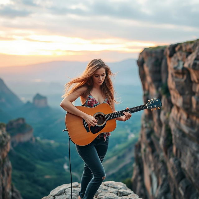 A beautiful woman playing an acoustic guitar at the edge of a stunning cliff, with a breathtaking panoramic view of the landscape behind her