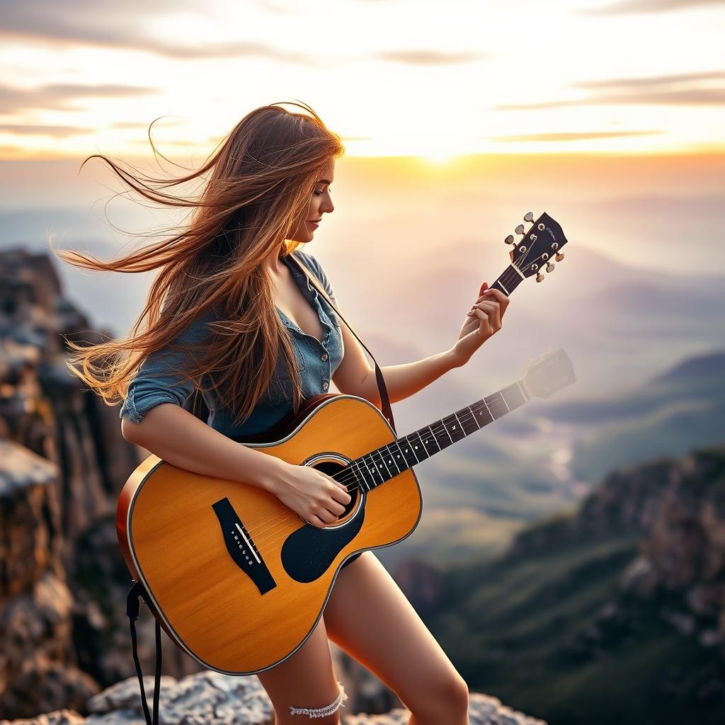 A beautiful woman playing an acoustic guitar at the edge of a stunning cliff, with a breathtaking panoramic view of the landscape behind her