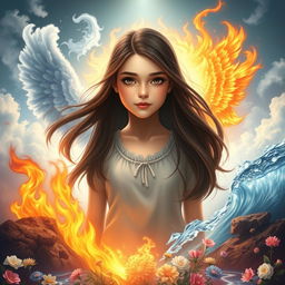 A stunning 18-year-old girl with long, dark brown hair, standing confidently in the center, surrounded by the four elements: airy wisps of cloud and breeze enveloping her, vibrant flames of fire flickering around her feet, rich earth beneath her with blooming flowers, and crystal-clear water flowing around her