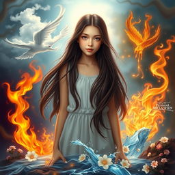 A stunning 18-year-old girl with long, dark brown hair, standing confidently in the center, surrounded by the four elements: airy wisps of cloud and breeze enveloping her, vibrant flames of fire flickering around her feet, rich earth beneath her with blooming flowers, and crystal-clear water flowing around her