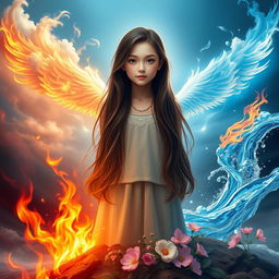 A stunning 18-year-old girl with long, dark brown hair, standing confidently in the center, surrounded by the four elements: airy wisps of cloud and breeze enveloping her, vibrant flames of fire flickering around her feet, rich earth beneath her with blooming flowers, and crystal-clear water flowing around her