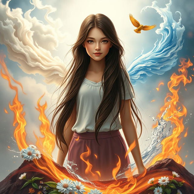 A stunning 18-year-old girl with long, dark brown hair, standing confidently in the center, surrounded by the four elements: airy wisps of cloud and breeze enveloping her, vibrant flames of fire flickering around her feet, rich earth beneath her with blooming flowers, and crystal-clear water flowing around her