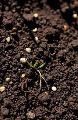 A close-up view of rich, dark brown dirt with various natural textures, featuring tiny pebbles, grass roots, and some small green sprouts emerging from the soil