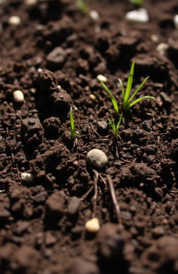 A close-up view of rich, dark brown dirt with various natural textures, featuring tiny pebbles, grass roots, and some small green sprouts emerging from the soil