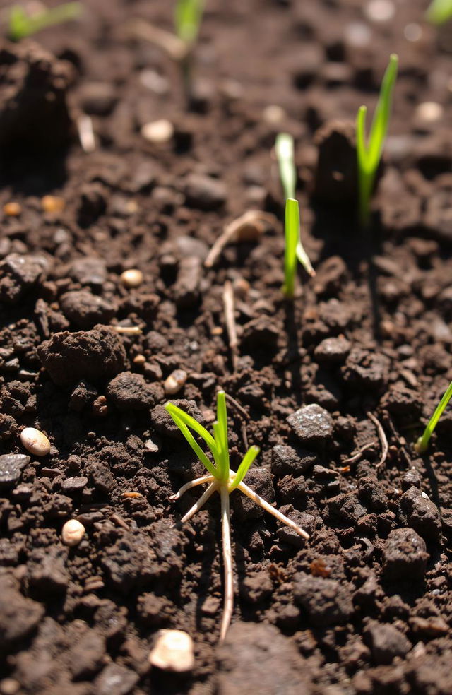 A close-up view of rich, dark brown dirt with various natural textures, featuring tiny pebbles, grass roots, and some small green sprouts emerging from the soil