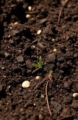 A close-up view of rich, dark brown dirt with various natural textures, featuring tiny pebbles, grass roots, and some small green sprouts emerging from the soil