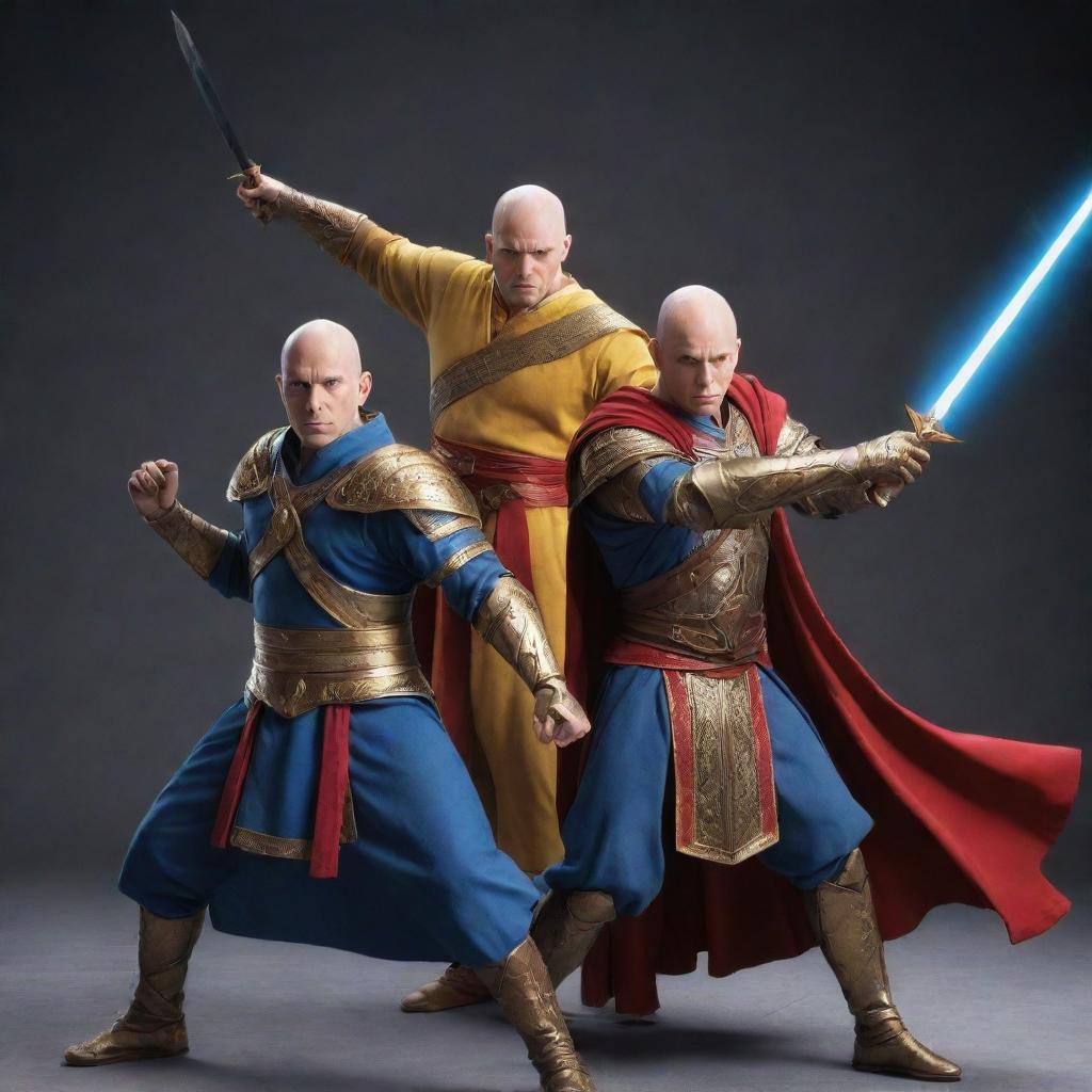 A dynamic image of two bald heroes. The first is in yellow armor holding a basic staff, and the other is in blue armor with a red robe, possessing a unique magic wand that mimics a sword