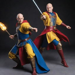 A dynamic image of two bald heroes. The first is in yellow armor holding a basic staff, and the other is in blue armor with a red robe, possessing a unique magic wand that mimics a sword