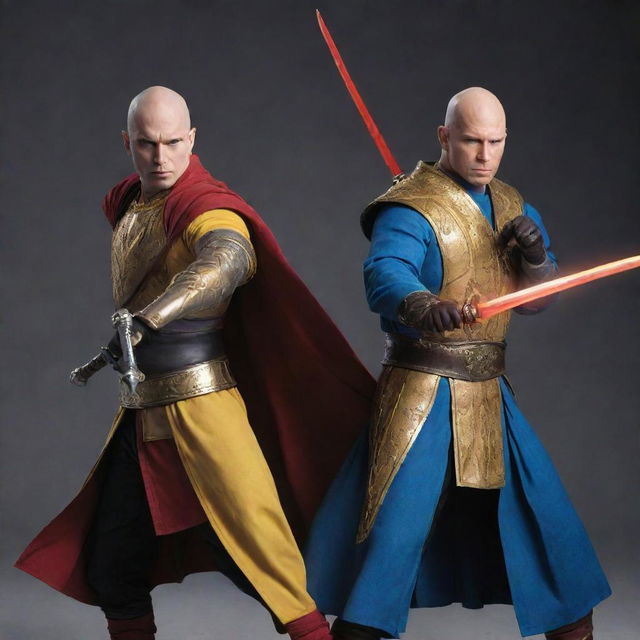 A dynamic image of two bald heroes. The first is in yellow armor holding a basic staff, and the other is in blue armor with a red robe, possessing a unique magic wand that mimics a sword