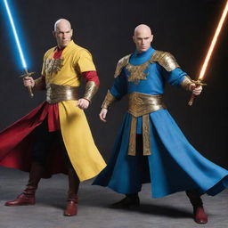 A dynamic image of two bald heroes. The first is in yellow armor holding a basic staff, and the other is in blue armor with a red robe, possessing a unique magic wand that mimics a sword